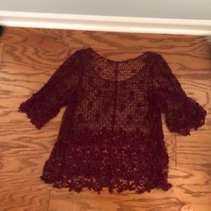 Free People Burgundy Lace Bell Sleeved Top